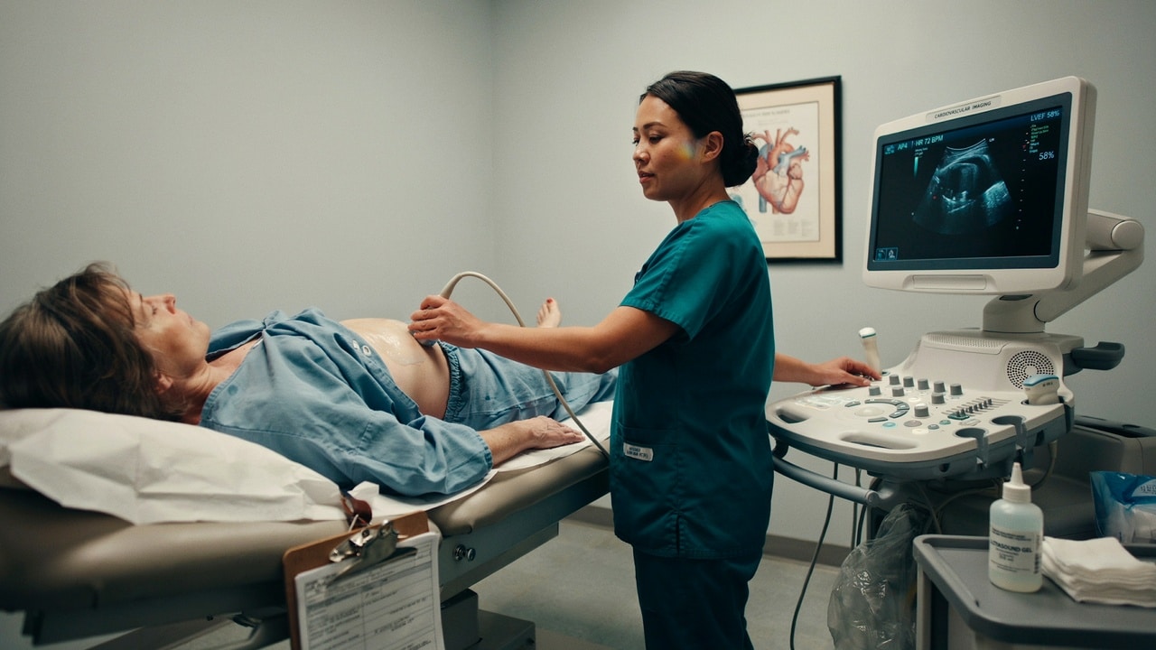 Cardiac ultrasound technologist performing an echocardiogram on a patient